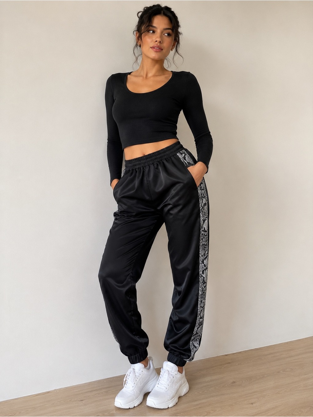 Zara Black Satin Joggers with Snake-Print Side Stripe